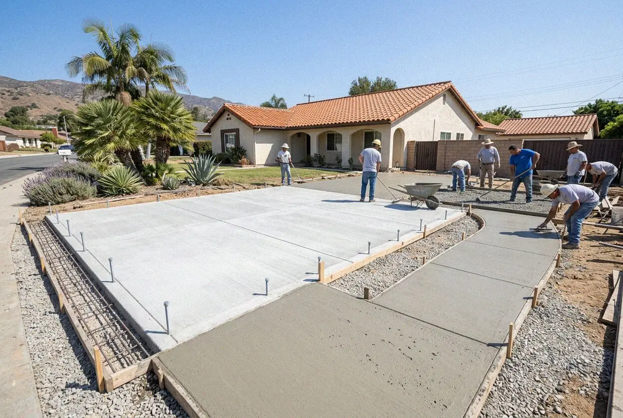 Crew placing rebar on a slab foundation for an ADU behind a Torrance home
