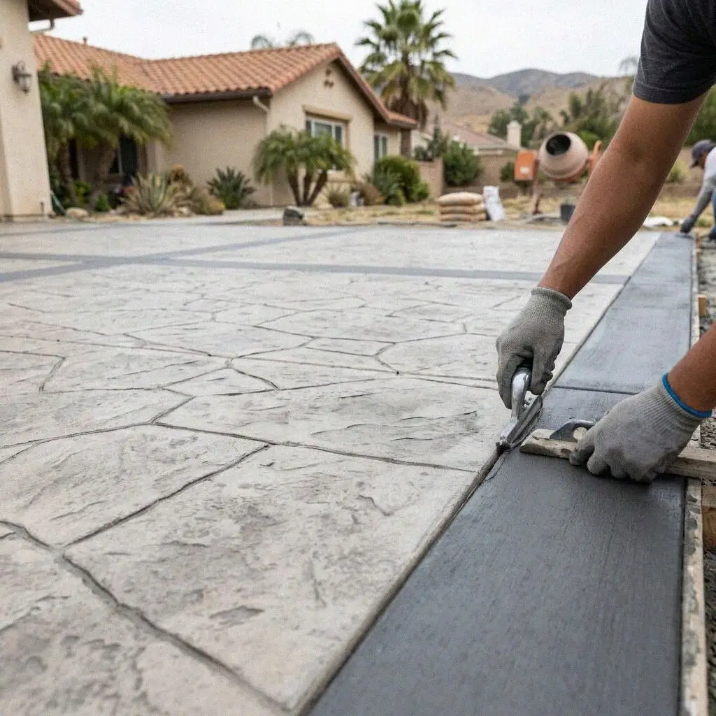 Hands lifting a stamp mat off freshly textured concrete in Torrance