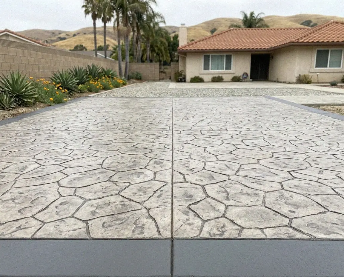 Stamped concrete patio in slate with a charcoal border in Torrance