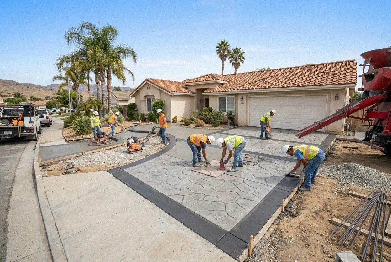 Crew pressing stamp mats into a fresh patio slab behind a Torrance home